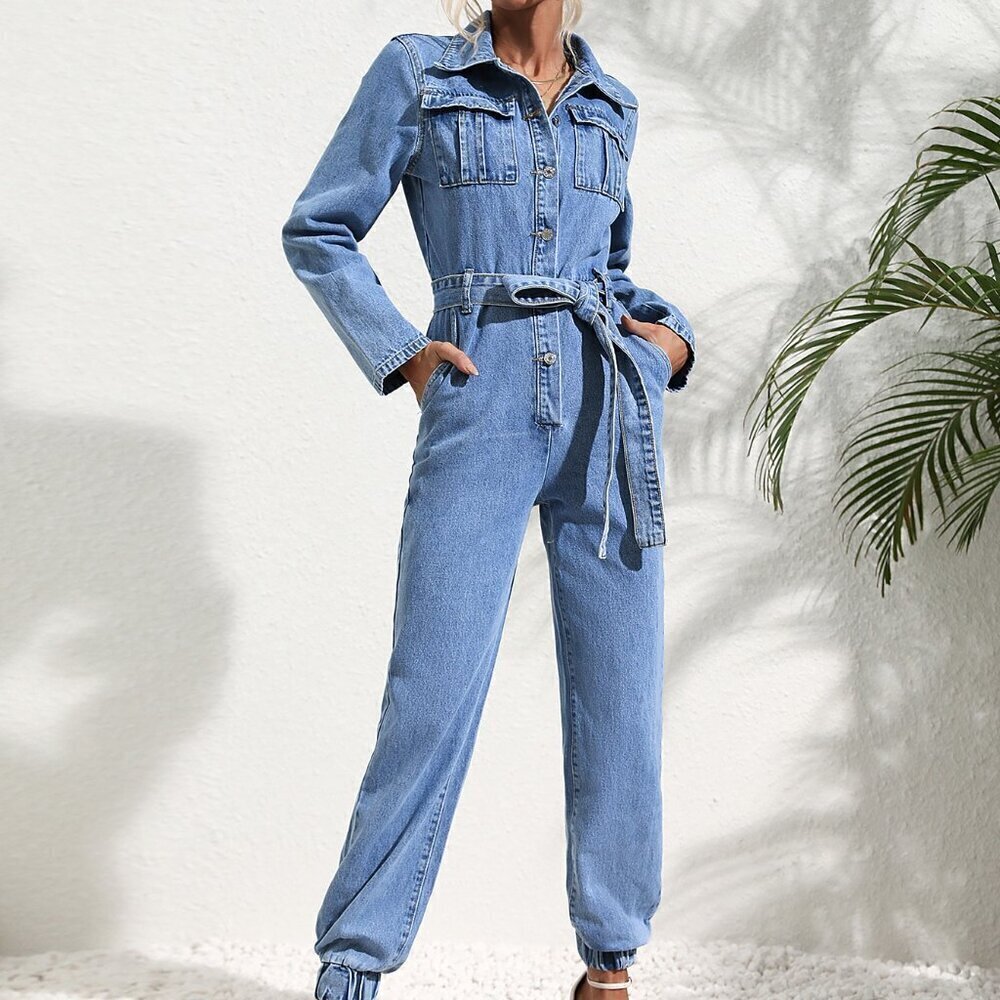 Medium Wash Casual Women's Flap Pocket Belted Denim Jumpsuit - Picture 3 of 6